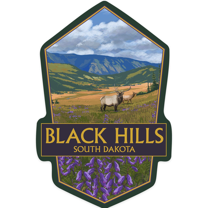 Black Hills, South Dakota, Elk & Flowers, Contour, Lantern Press Artwork, Vinyl Sticker - Lantern Press