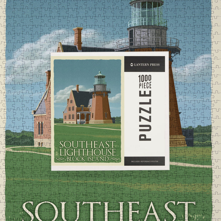 Block Island, Rhode Island, South East Lighthouse, Letterpress, Jigsaw Puzzle Puzzle Lantern Press