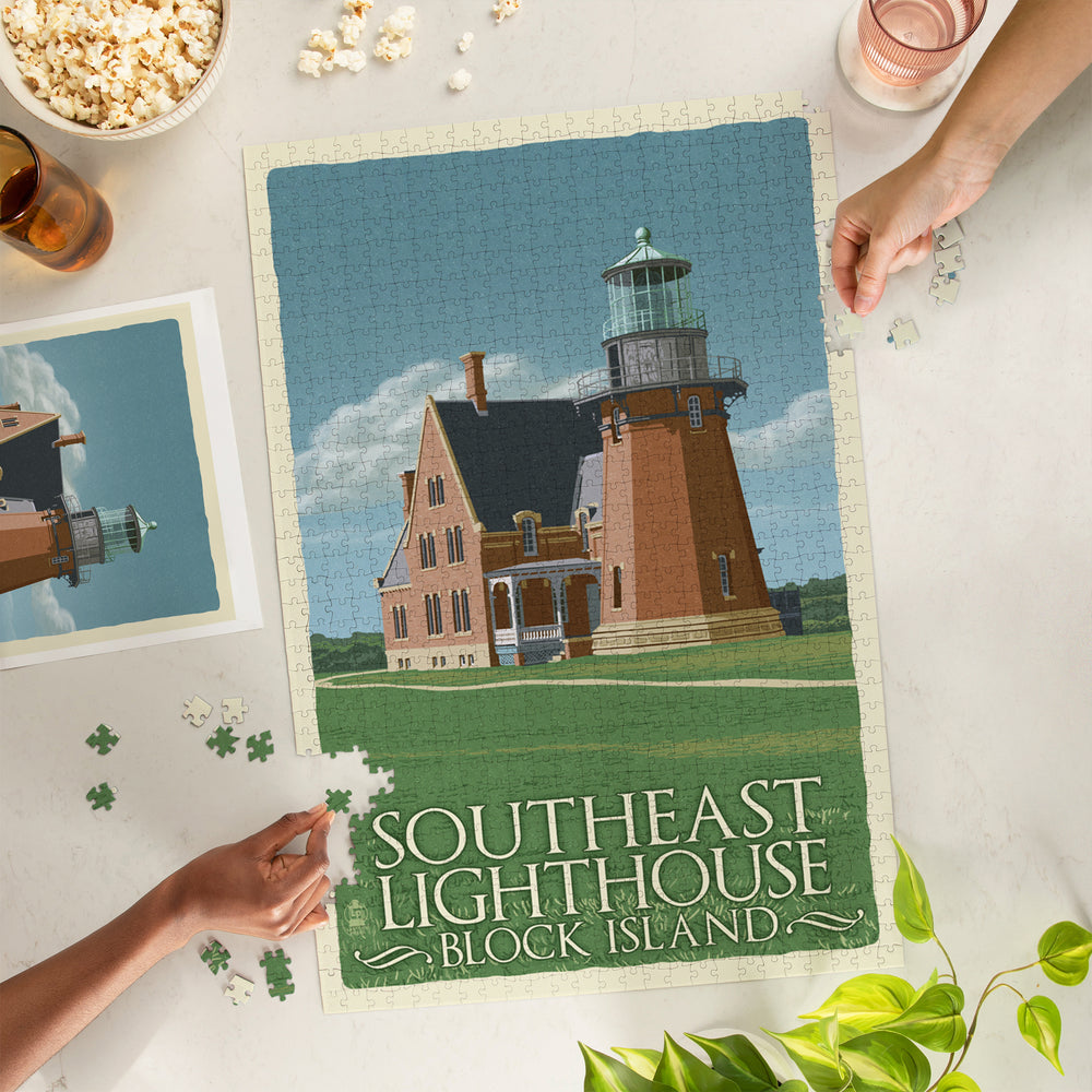 Block Island, Rhode Island, South East Lighthouse, Letterpress, Jigsaw Puzzle Puzzle Lantern Press