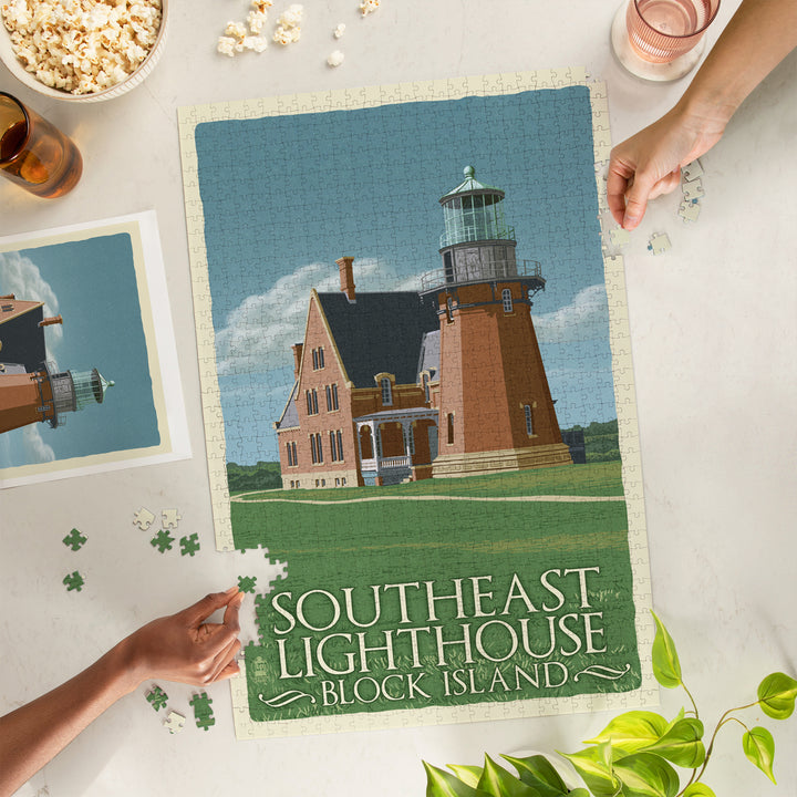 Block Island, Rhode Island, South East Lighthouse, Letterpress, Jigsaw Puzzle Puzzle Lantern Press