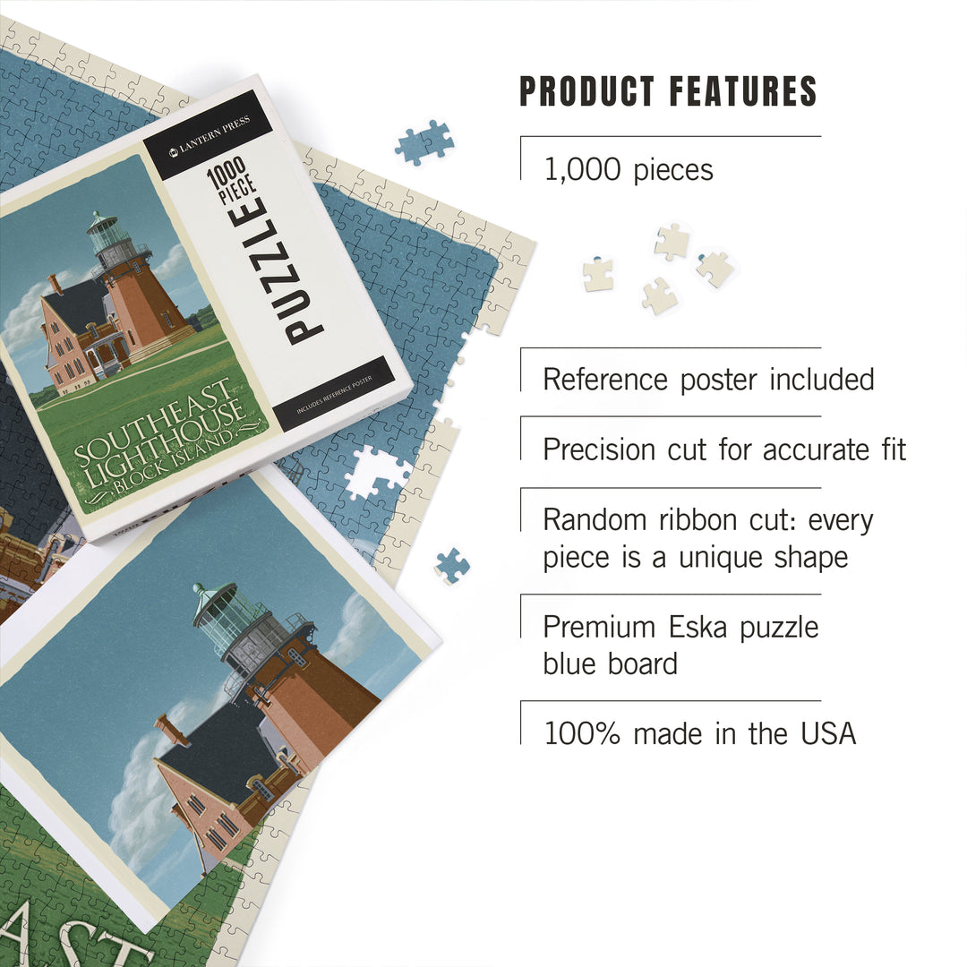 Block Island, Rhode Island, South East Lighthouse, Letterpress, Jigsaw Puzzle Puzzle Lantern Press