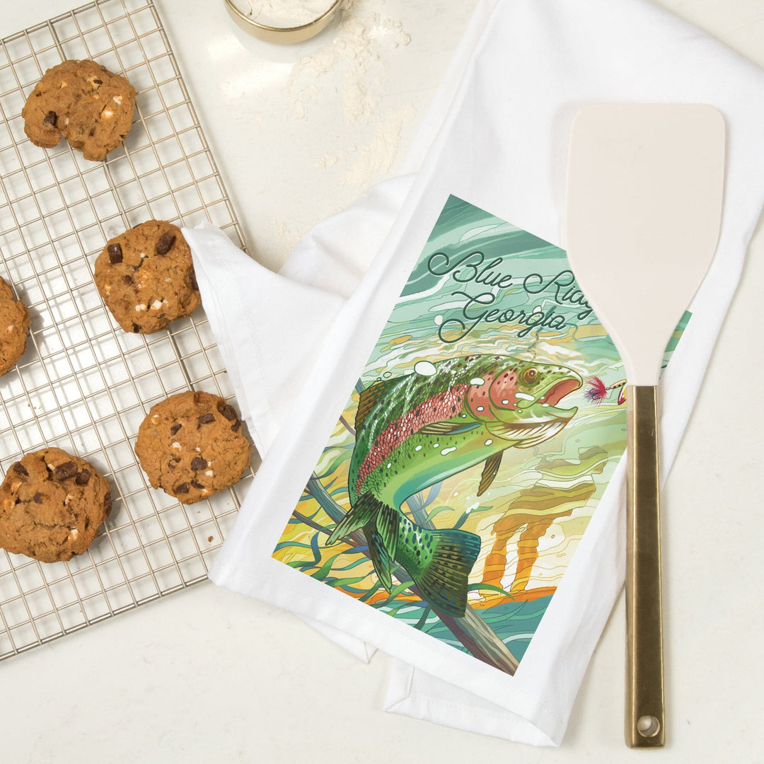 Blue Ridge, Georgia, Fishing, Underwater Trout, Organic Cotton Kitchen Tea Towels Kitchen Lantern Press