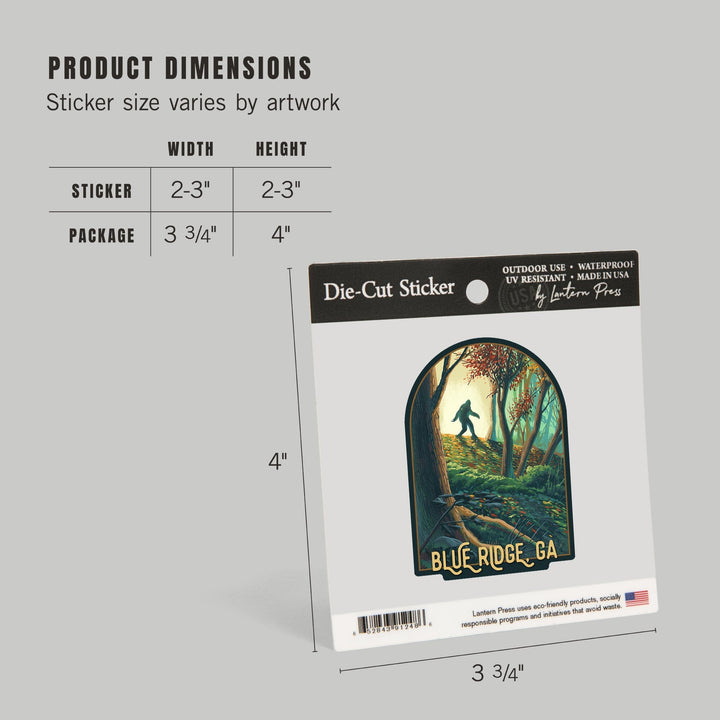 Blue Ridge, Georgia, Wanderer, Bigfoot in Forest, Contour, Vinyl Sticker Sticker Lantern Press