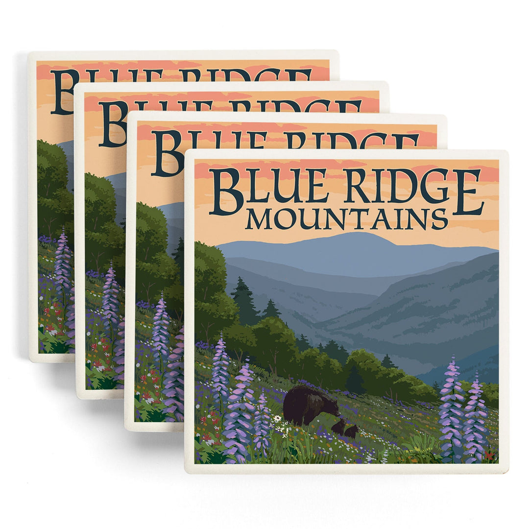 Blue Ridge Mountains, Bear Family and Spring Flowers, Coasters Coasters Lantern Press