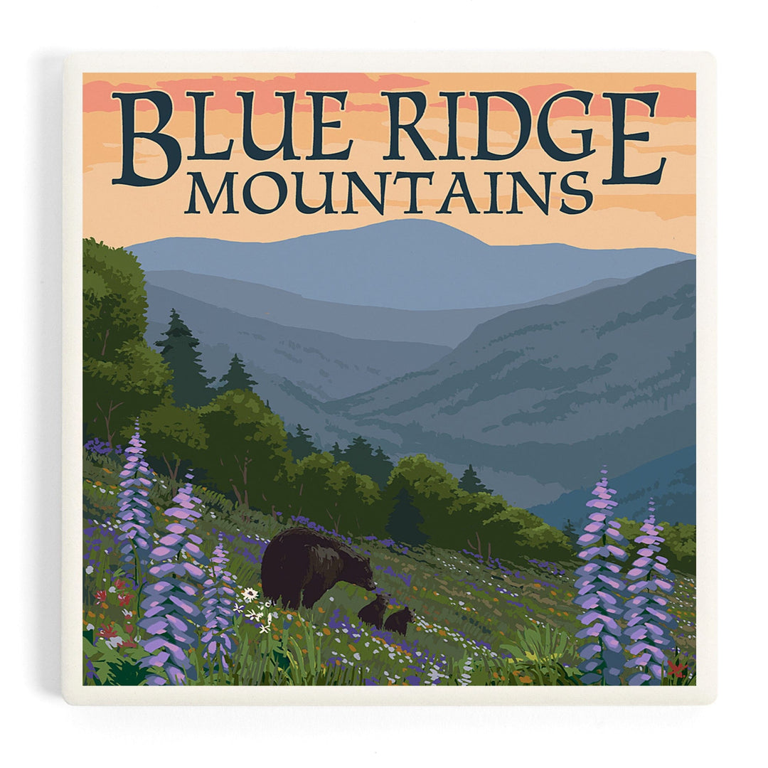 Blue Ridge Mountains, Bear Family and Spring Flowers, Coasters Coasters Lantern Press
