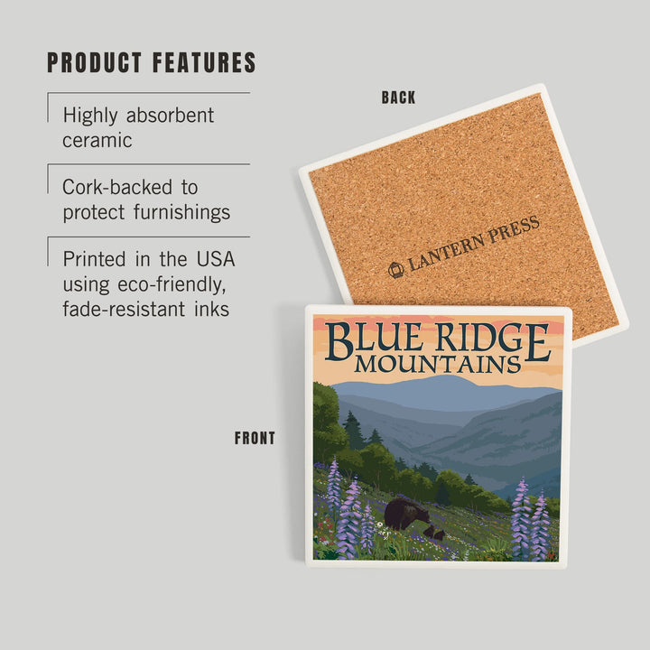 Blue Ridge Mountains, Bear Family and Spring Flowers, Coasters Coasters Lantern Press