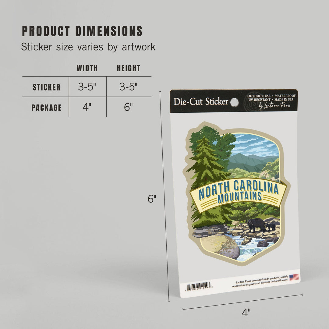Blue Ridge Mountains, North Carolina, Bear Family & Creek, Contour, Lantern Press Artwork, Vinyl Sticker - Lantern Press