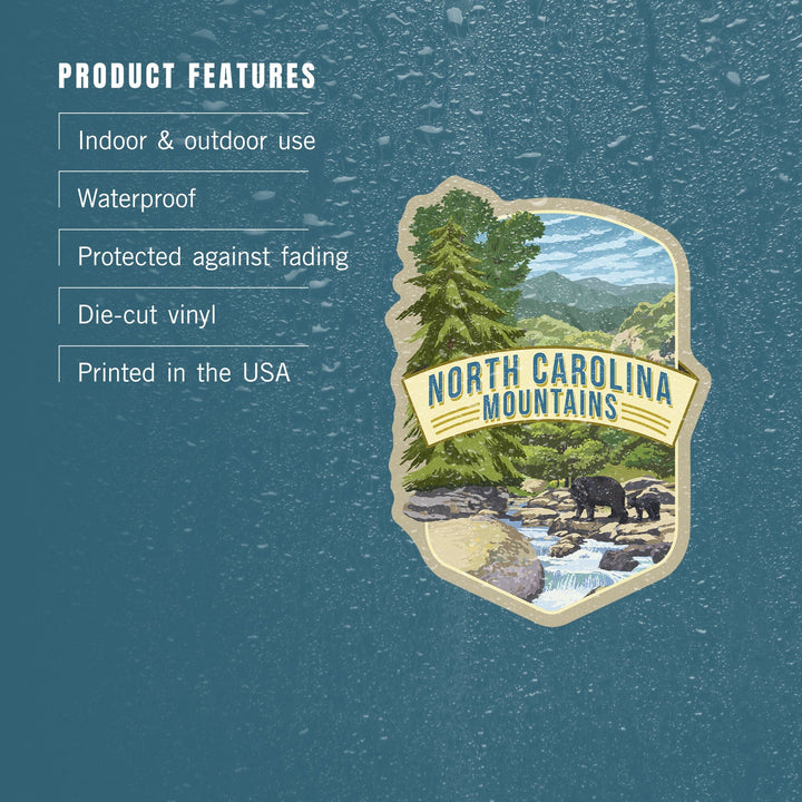 Blue Ridge Mountains, North Carolina, Bear Family & Creek, Contour, Lantern Press Artwork, Vinyl Sticker - Lantern Press
