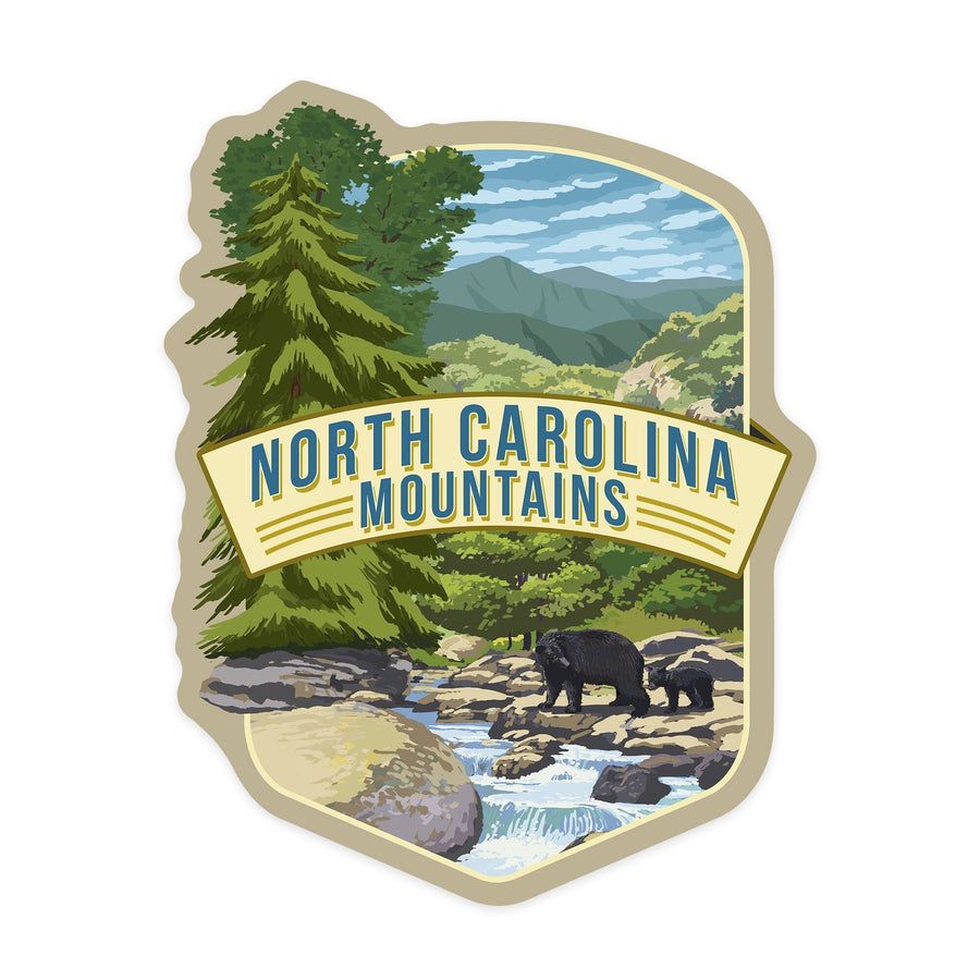 Blue Ridge Mountains, North Carolina, Bear Family & Creek, Contour, Lantern Press Artwork, Vinyl Sticker - Lantern Press