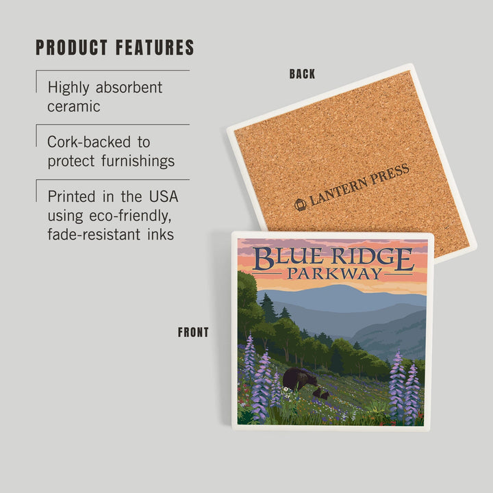 Blue Ridge Parkway, Virginia, Bear Family and Spring Flowers, Coasters Coasters Lantern Press