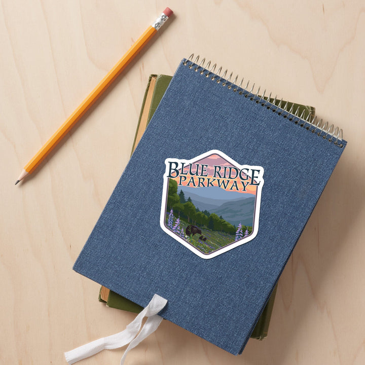 Blue Ridge Parkway, Virginia, Bear Family & Spring Flowers, Contour, Lantern Press Artwork, Vinyl Sticker - Lantern Press