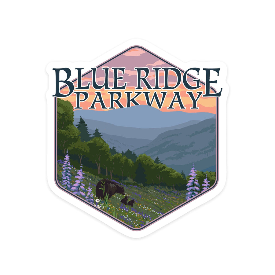Blue Ridge Parkway, Virginia, Bear Family & Spring Flowers, Contour, Lantern Press Artwork, Vinyl Sticker - Lantern Press