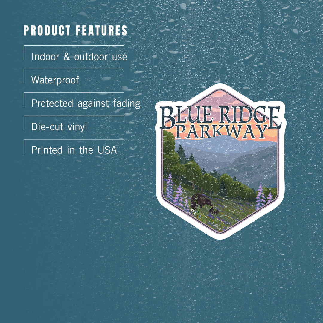 Blue Ridge Parkway, Virginia, Bear Family & Spring Flowers, Contour, Lantern Press Artwork, Vinyl Sticker - Lantern Press
