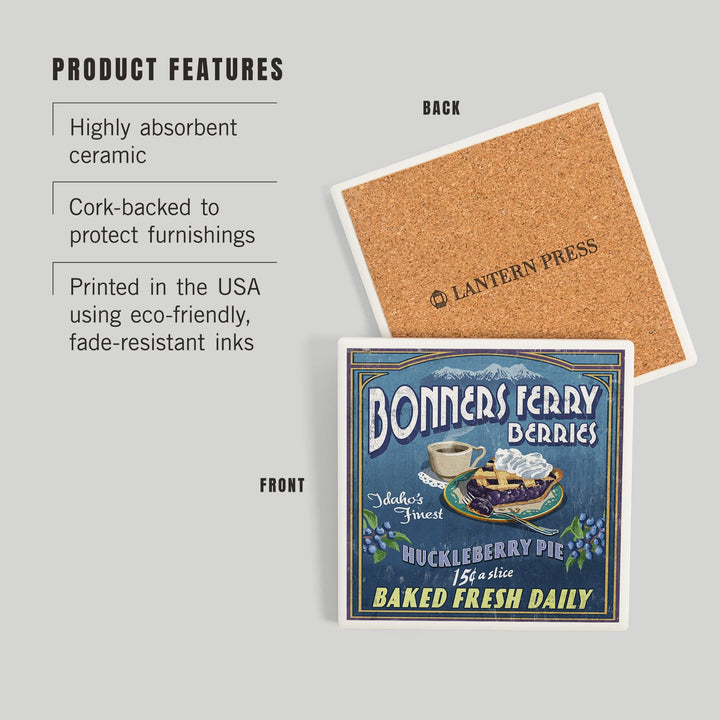 Bonners Ferry, Idaho, Huckleberry Pie Vintage Sign, Coasters Coasters Lantern Press
