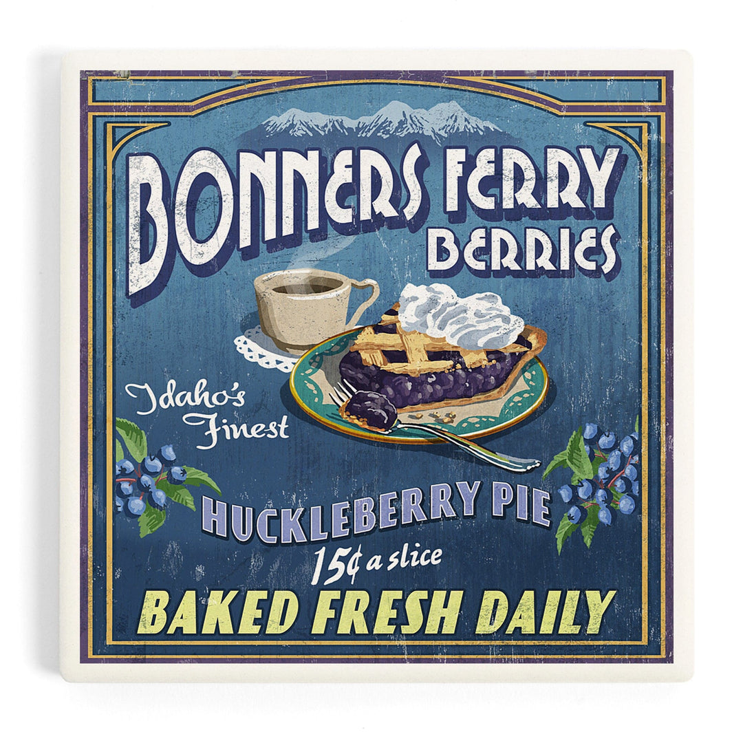 Bonners Ferry, Idaho, Huckleberry Pie Vintage Sign, Coasters Coasters Lantern Press Coaster