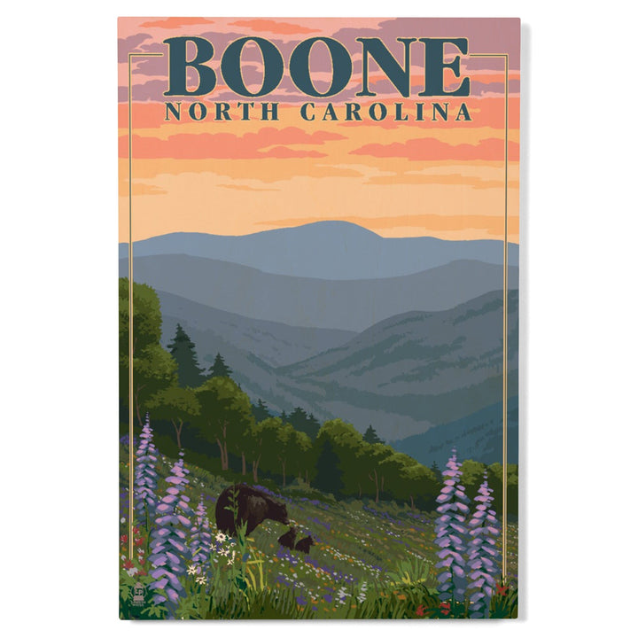 Boone, North Carolina, Bear and Spring Flowers, Lantern Press Artwork, Wood Signs and Postcards - Lantern Press