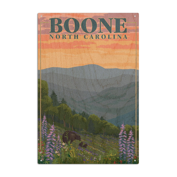 Boone, North Carolina, Bear and Spring Flowers, Lantern Press Artwork, Wood Signs and Postcards - Lantern Press