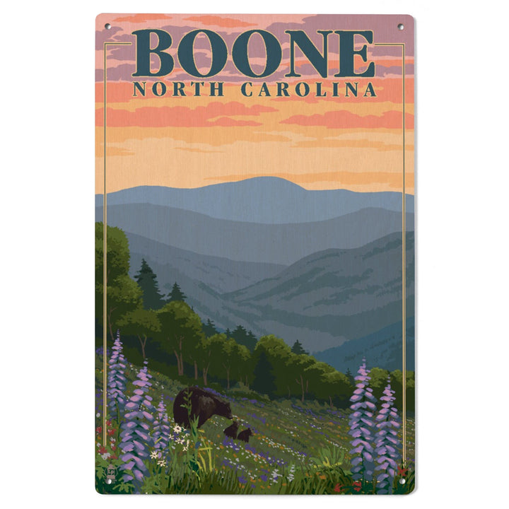 Boone, North Carolina, Bear and Spring Flowers, Lantern Press Artwork, Wood Signs and Postcards - Lantern Press