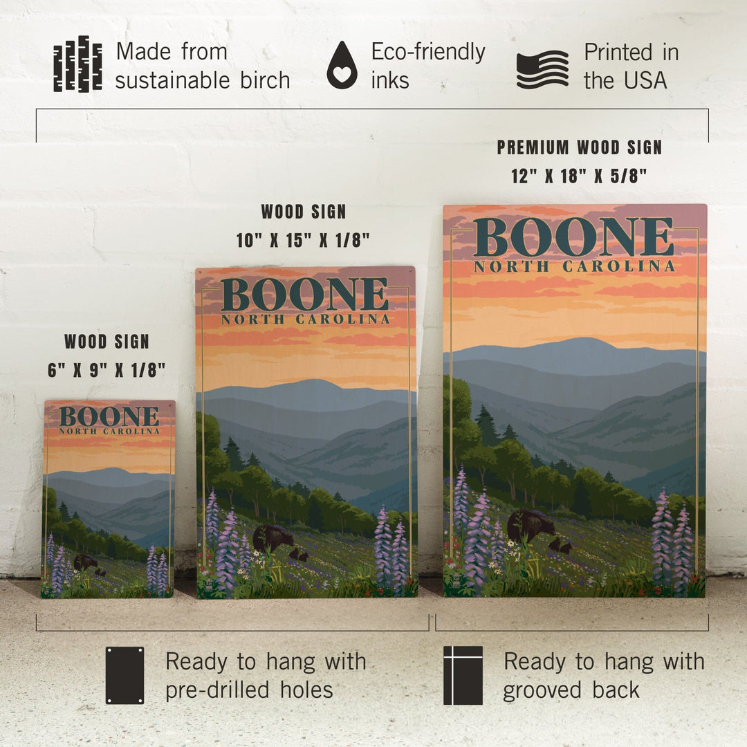 Boone, North Carolina, Bear and Spring Flowers, Lantern Press Artwork, Wood Signs and Postcards - Lantern Press