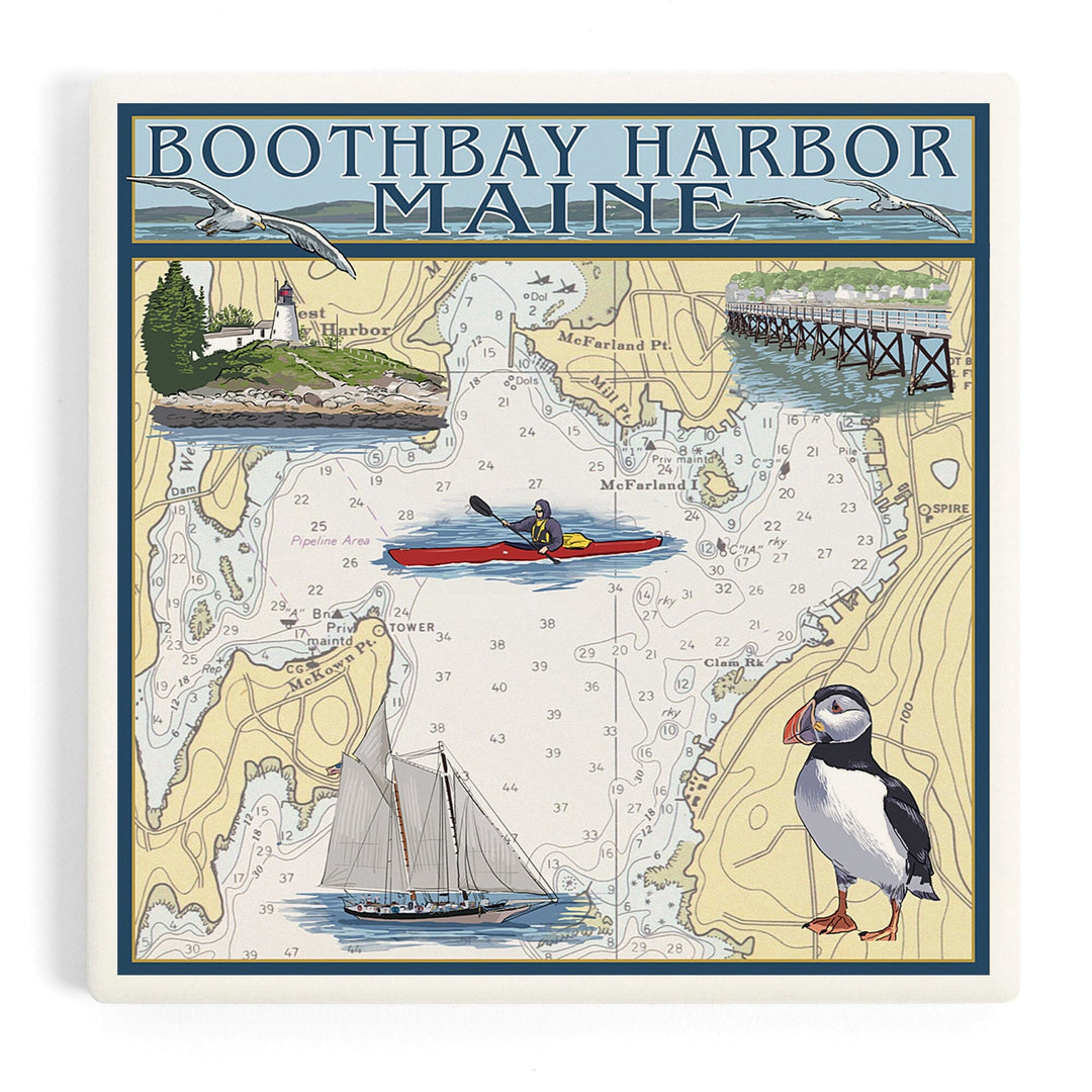 Boothbay Harbor, Maine, Nautical Chart, Coasters Coasters Lantern Press
