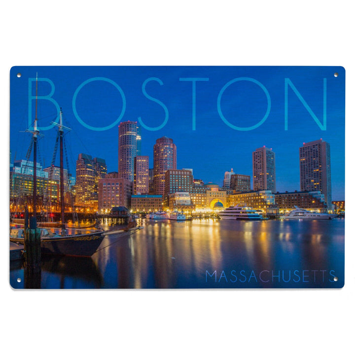 Boston, Massachusetts, Fan Pier at Night, Lantern Press Photography, Wood Signs and Postcards - Lantern Press
