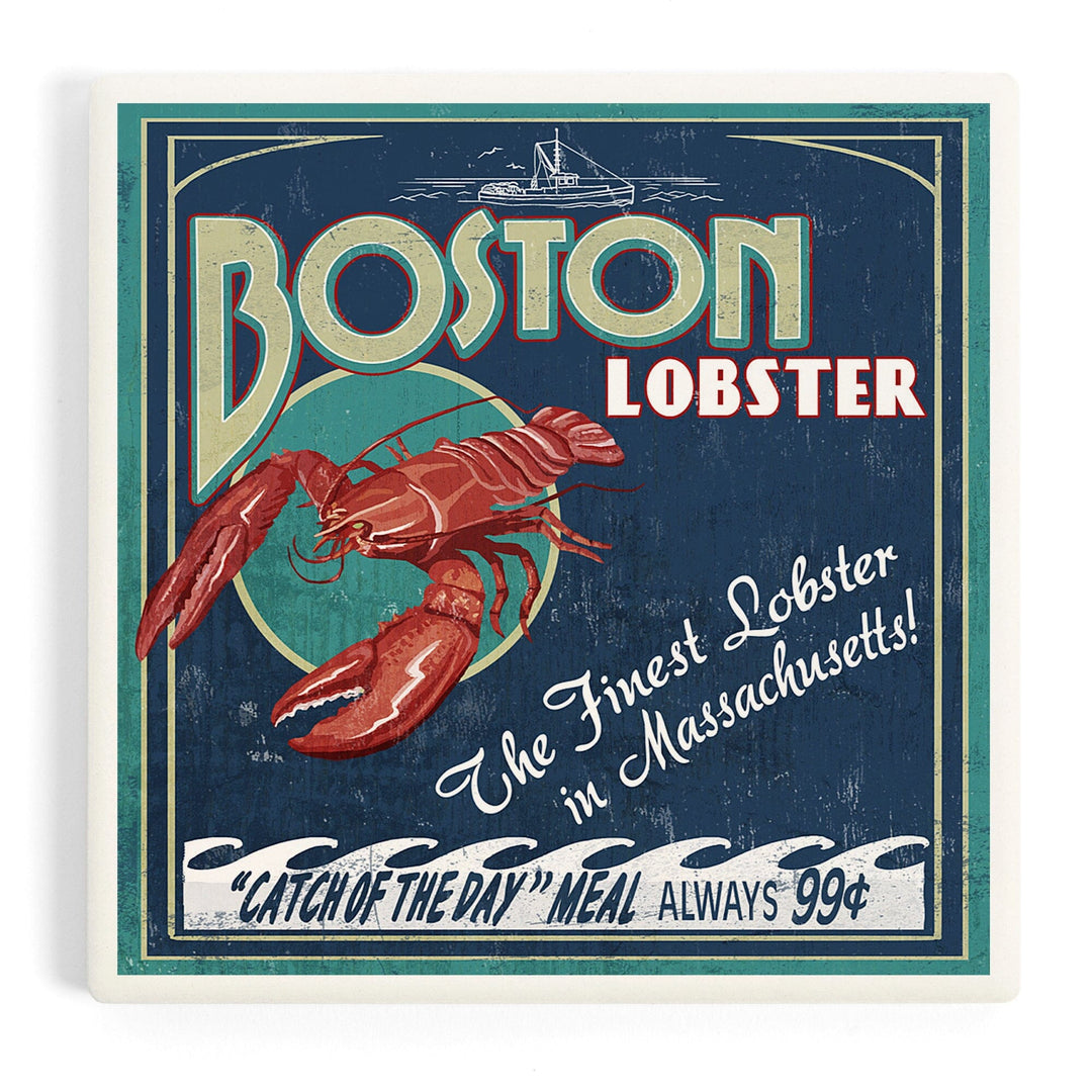 Boston, Massachusetts, Lobster Vintage Sign, Coasters Coasters Lantern Press Coaster