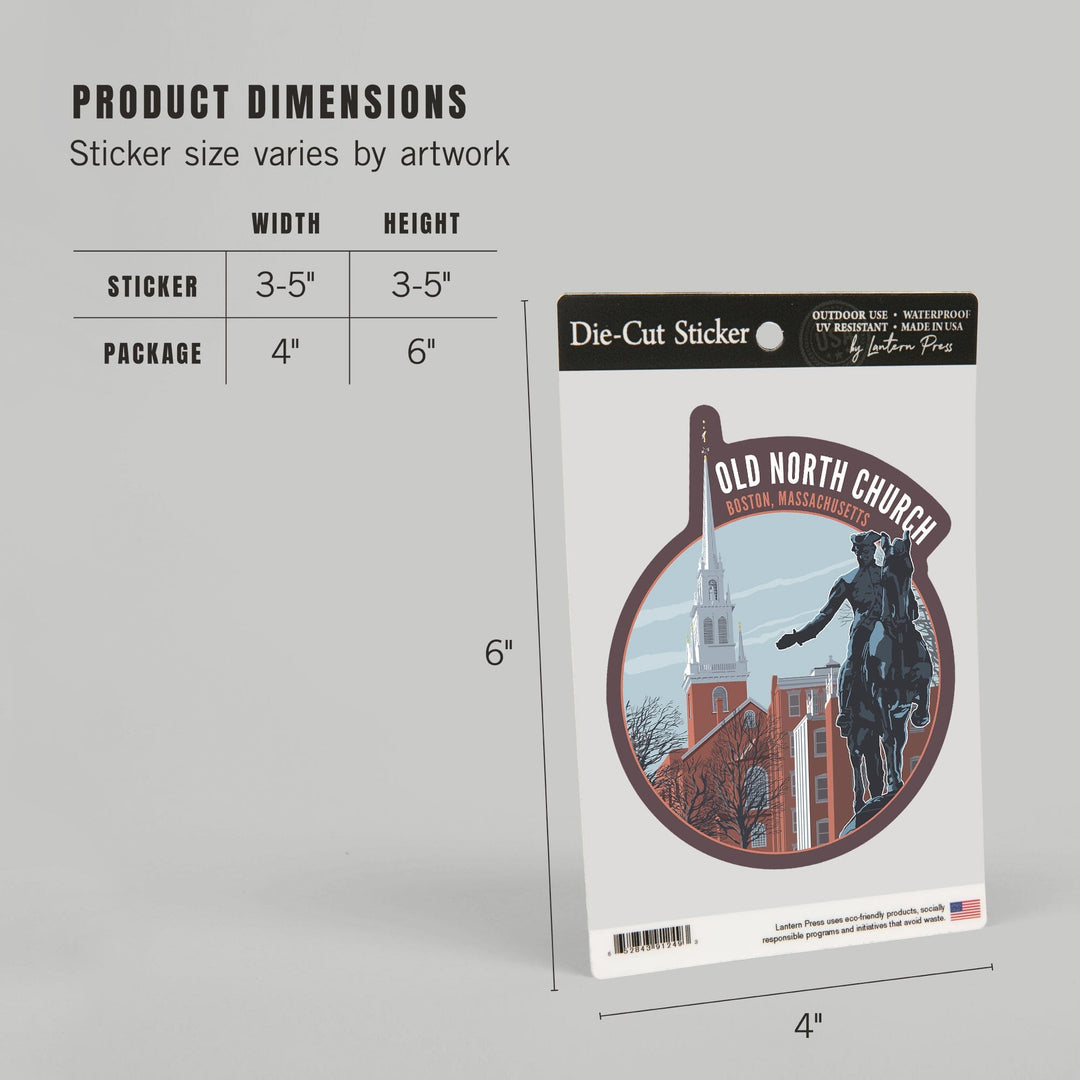 Boston, Massachusetts, Old North Church and Revere Sculpture, Contour, Vinyl Sticker - Lantern Press