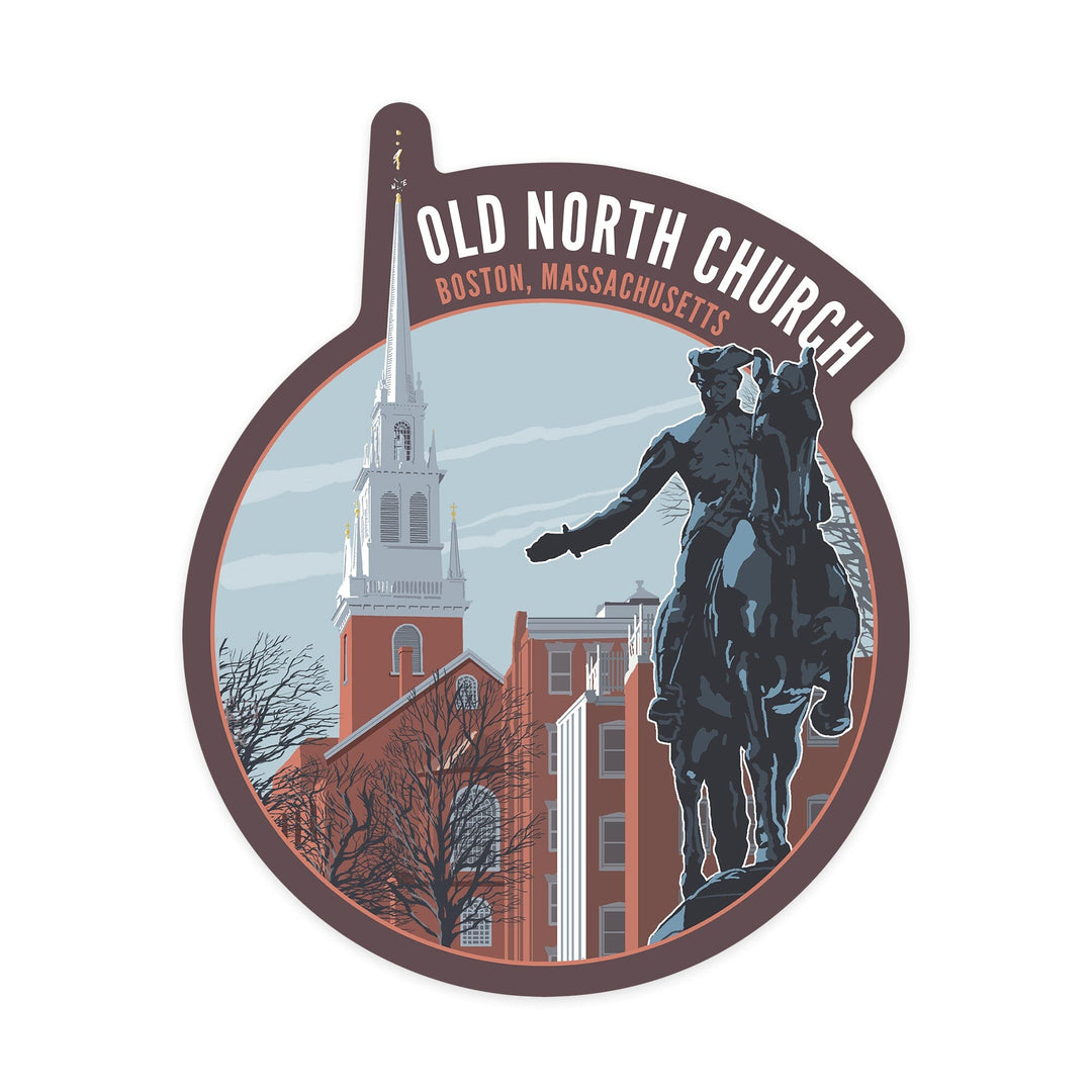 Boston, Massachusetts, Old North Church and Revere Sculpture, Contour, Vinyl Sticker - Lantern Press