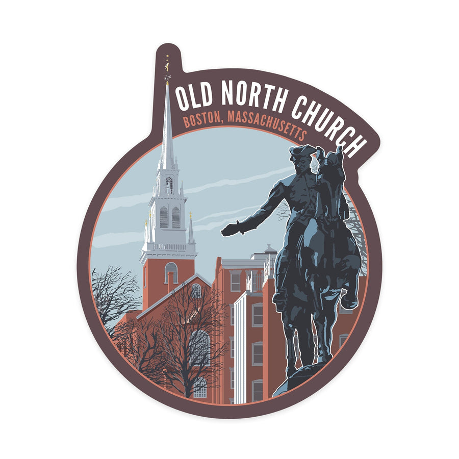 Boston, Massachusetts, Old North Church and Revere Sculpture, Contour, Vinyl Sticker - Lantern Press