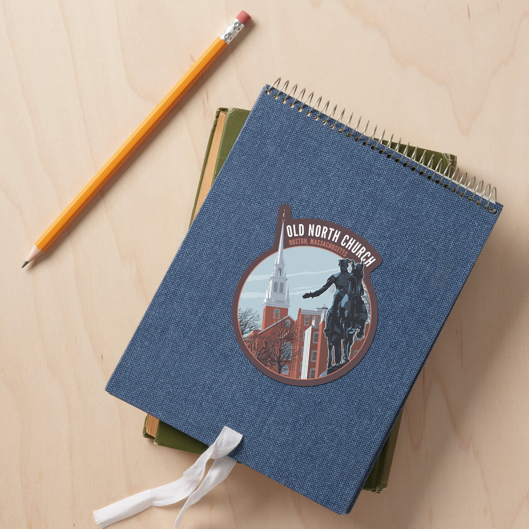 Boston, Massachusetts, Old North Church and Revere Sculpture, Contour, Vinyl Sticker - Lantern Press
