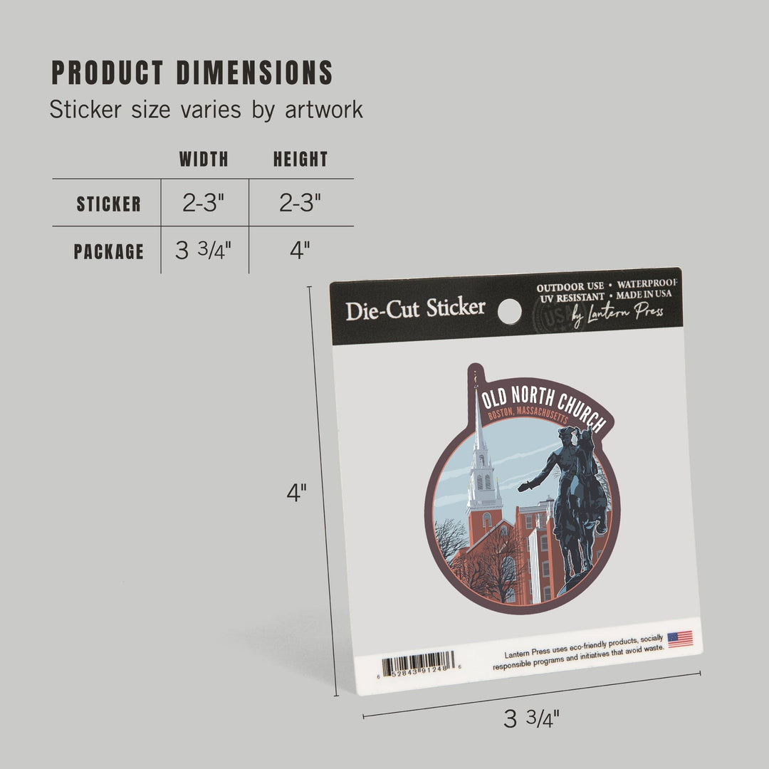 Boston, Massachusetts, Old North Church and Revere Sculpture, Contour, Vinyl Sticker - Lantern Press