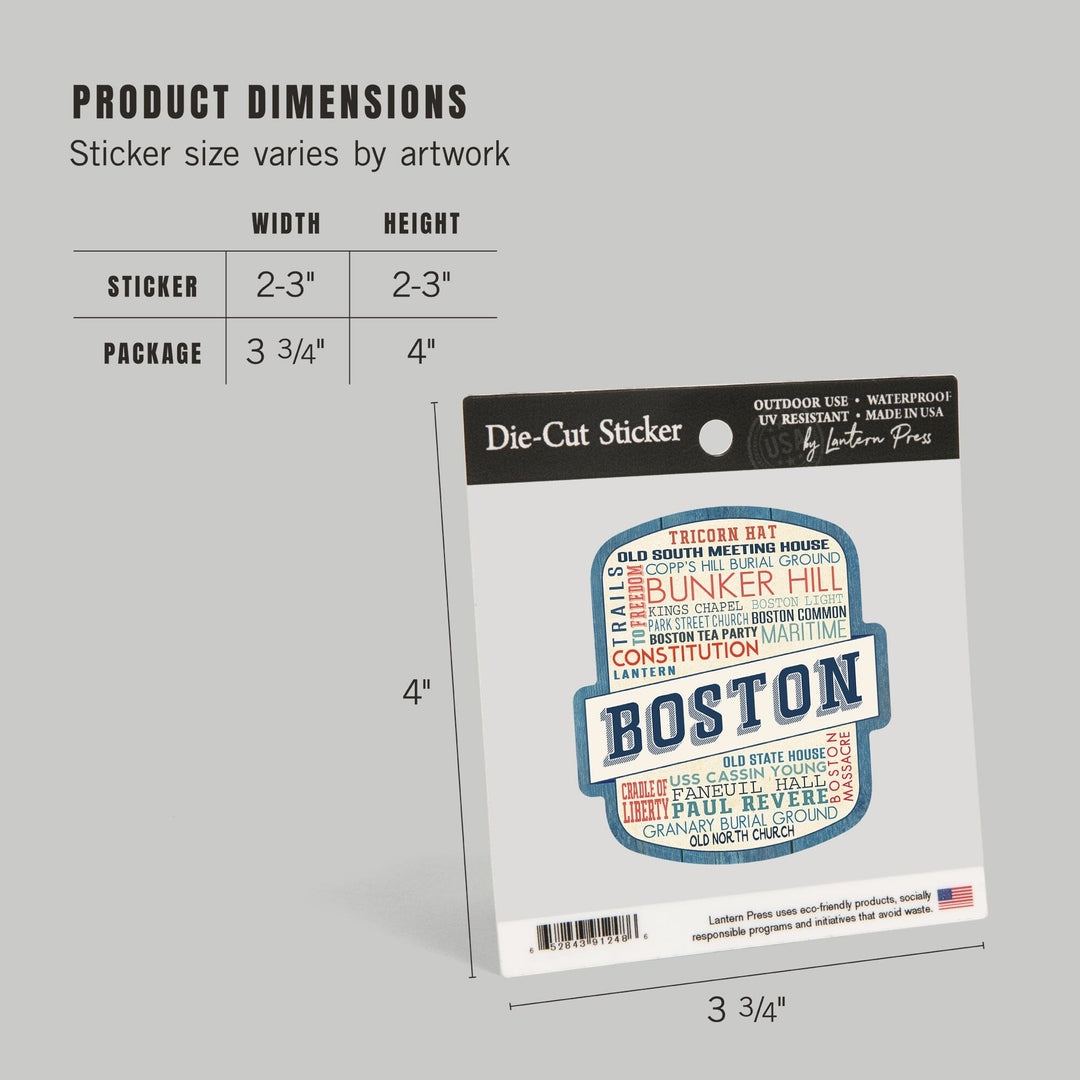 Boston, Massachusetts, Rustic Typography, Contour, Vinyl Sticker Sticker Lantern Press