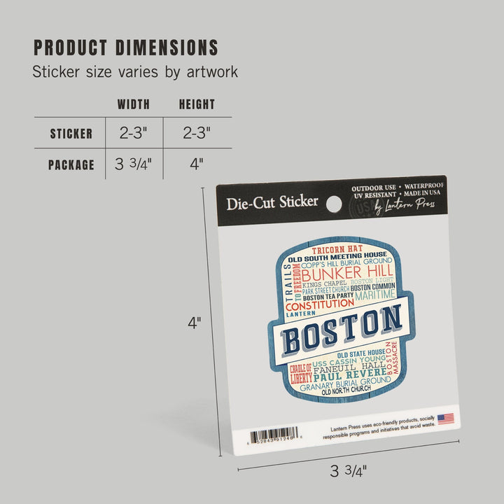 Boston, Massachusetts, Rustic Typography, Contour, Vinyl Sticker Sticker Lantern Press