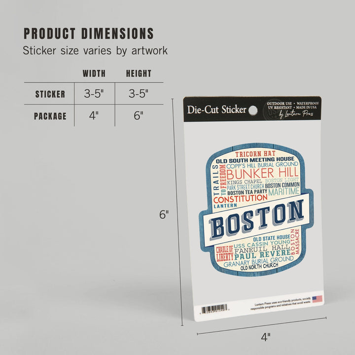 Boston, Massachusetts, Rustic Typography, Contour, Vinyl Sticker Sticker Lantern Press