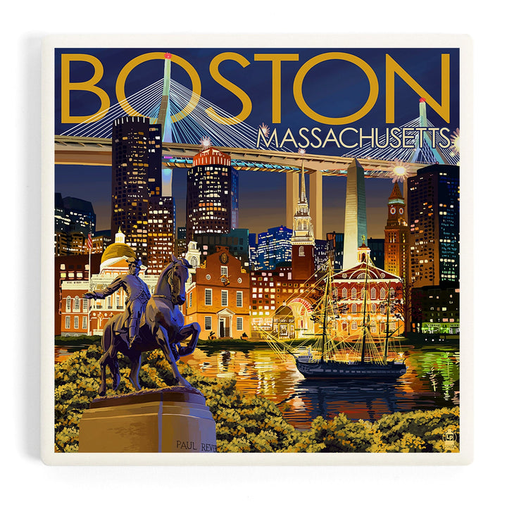 Boston, Massachusetts, Skyline at Night, Coasters Coasters Lantern Press