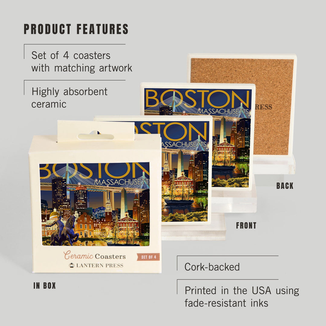 Boston, Massachusetts, Skyline at Night, Coasters Coasters Lantern Press