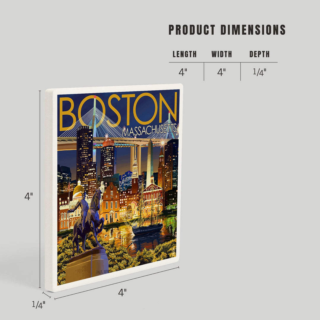 Boston, Massachusetts, Skyline at Night, Coasters Coasters Lantern Press
