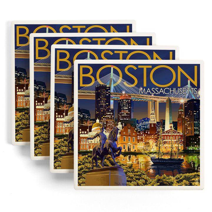 Boston, Massachusetts, Skyline at Night, Coasters Coasters Lantern Press