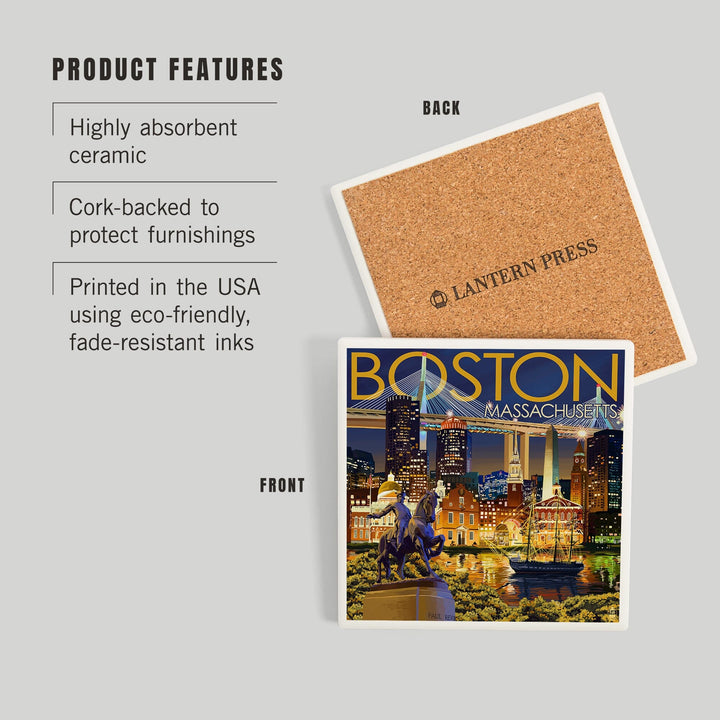 Boston, Massachusetts, Skyline at Night, Coasters Coasters Lantern Press