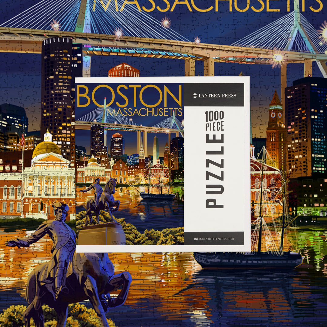 Boston, Massachusetts, Skyline at Night, Jigsaw Puzzle Puzzle Lantern Press