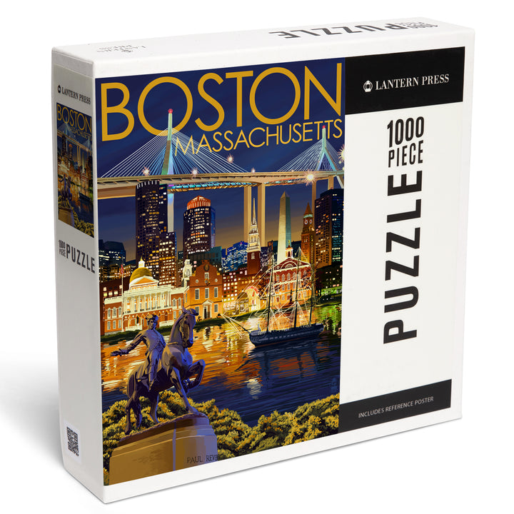 Boston, Massachusetts, Skyline at Night, Jigsaw Puzzle Puzzle Lantern Press