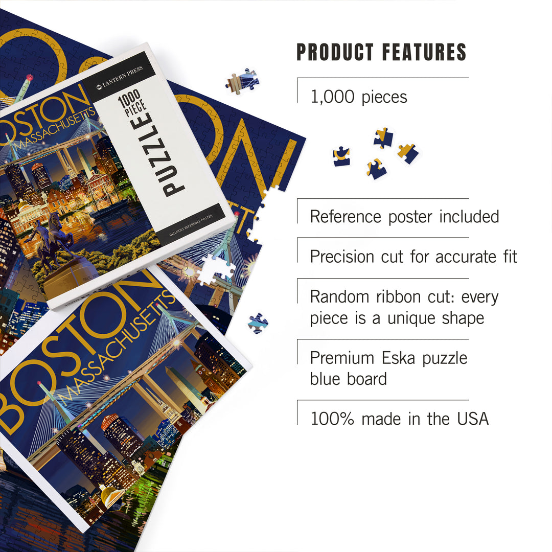 Boston, Massachusetts, Skyline at Night, Jigsaw Puzzle Puzzle Lantern Press