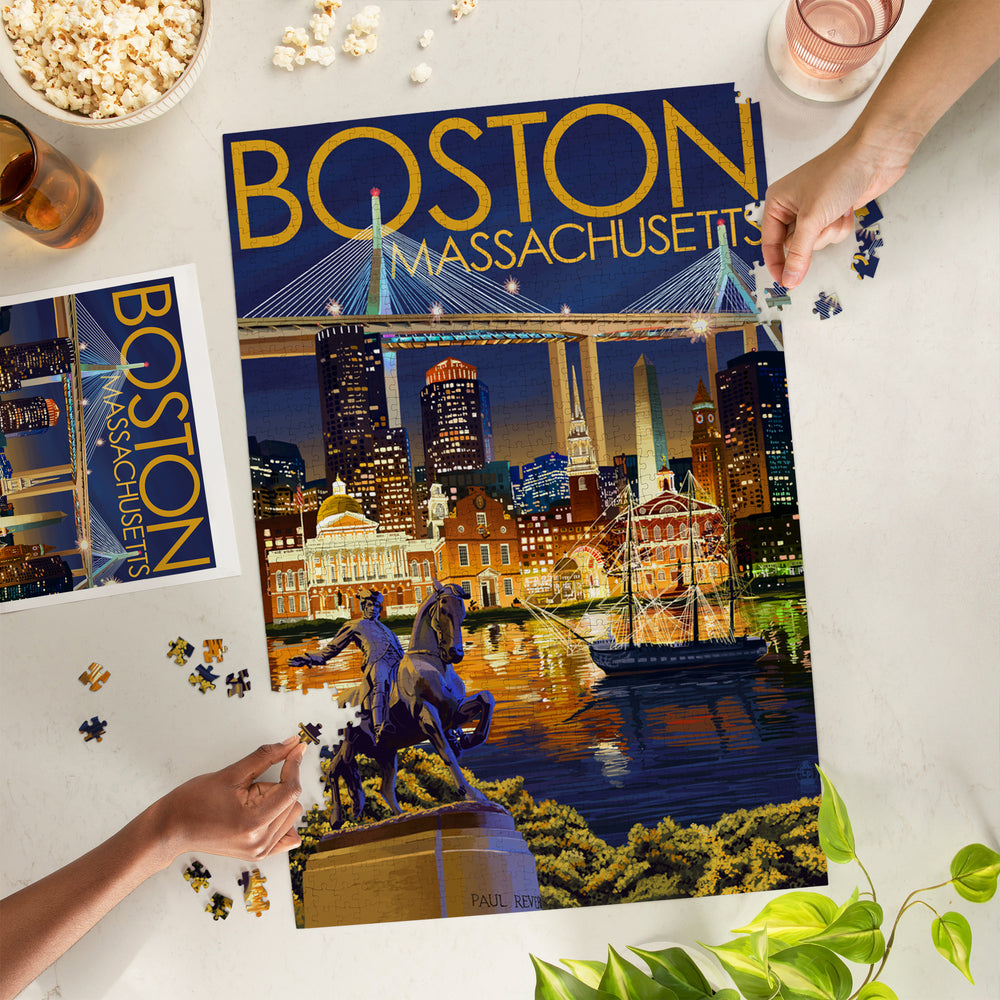 Boston, Massachusetts, Skyline at Night, Jigsaw Puzzle Puzzle Lantern Press