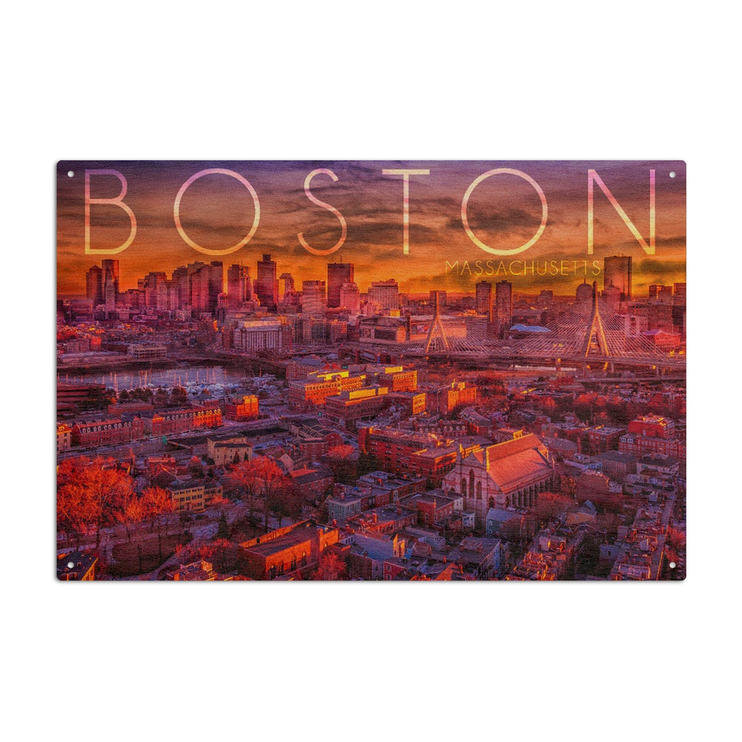 Boston, Massachusetts, Skyline at Sunset, Lantern Press Photography, Wood Signs and Postcards - Lantern Press