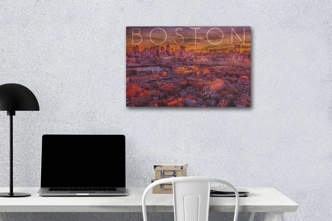 Boston, Massachusetts, Skyline at Sunset, Lantern Press Photography, Wood Signs and Postcards - Lantern Press