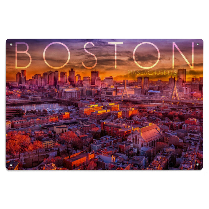 Boston, Massachusetts, Skyline at Sunset, Lantern Press Photography, Wood Signs and Postcards - Lantern Press