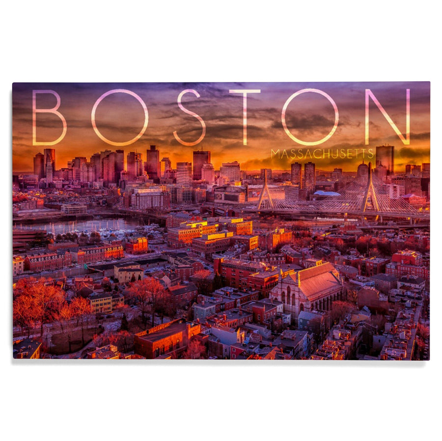 Boston, Massachusetts, Skyline at Sunset, Lantern Press Photography, Wood Signs and Postcards - Lantern Press