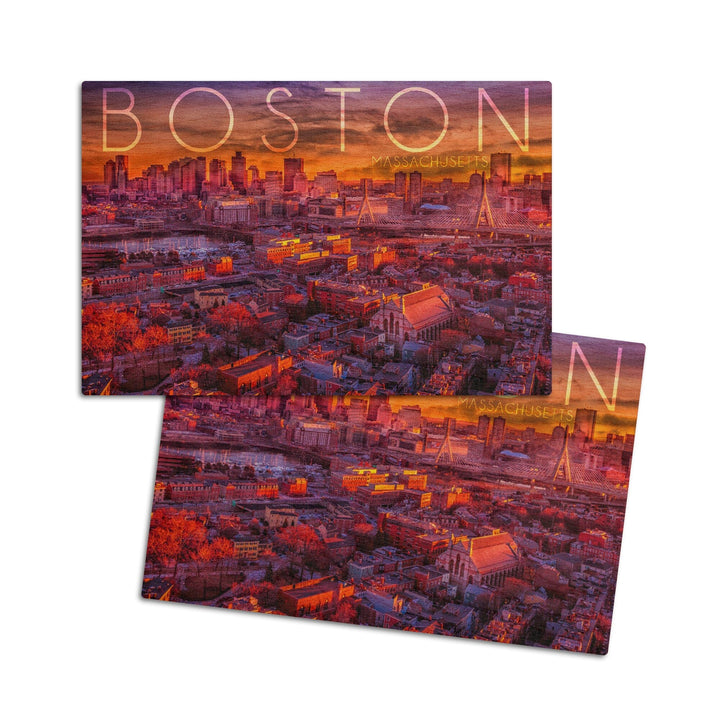 Boston, Massachusetts, Skyline at Sunset, Lantern Press Photography, Wood Signs and Postcards - Lantern Press