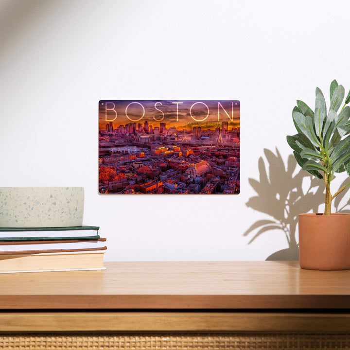Boston, Massachusetts, Skyline at Sunset, Lantern Press Photography, Wood Signs and Postcards - Lantern Press