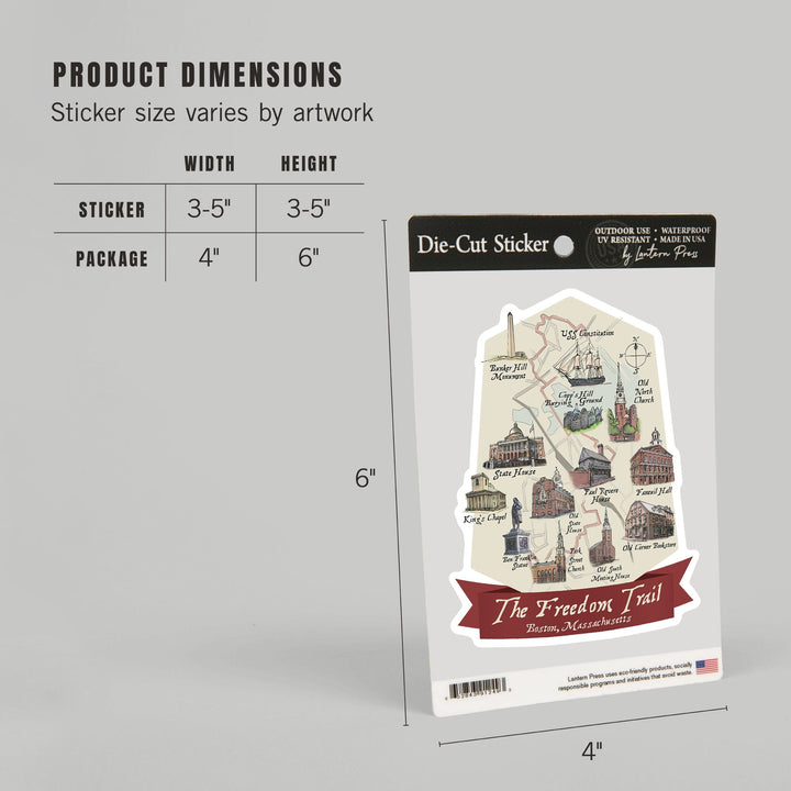 Boston, Massachusetts, The Freedom Trail, Map, Contour, Lantern Press Artwork, Vinyl Sticker - Lantern Press